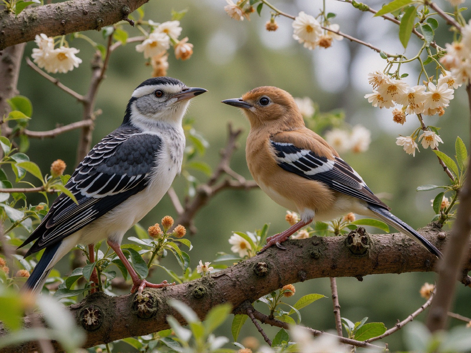 Birds on Branch Surrounded by White Flowers and Foliage