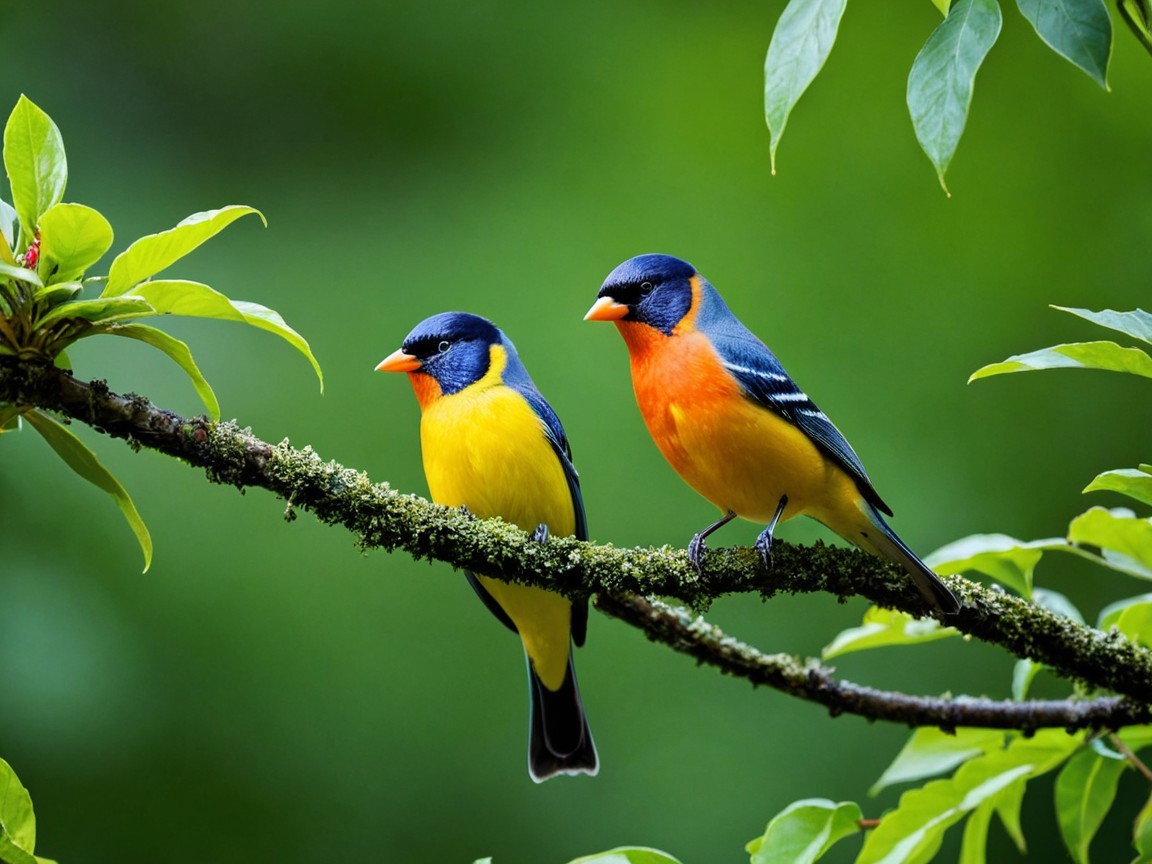 Vibrant Birds on Moss-Covered Branch in Forest Setting