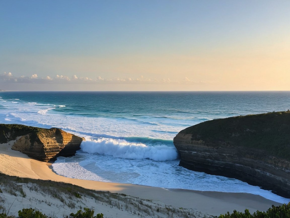 Serene Coastal Scene with Waves and Sunset Colors