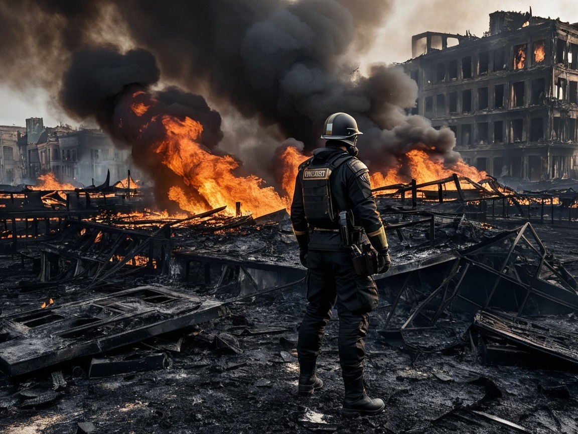 Firefighter in Aftermath of Catastrophic Blaze