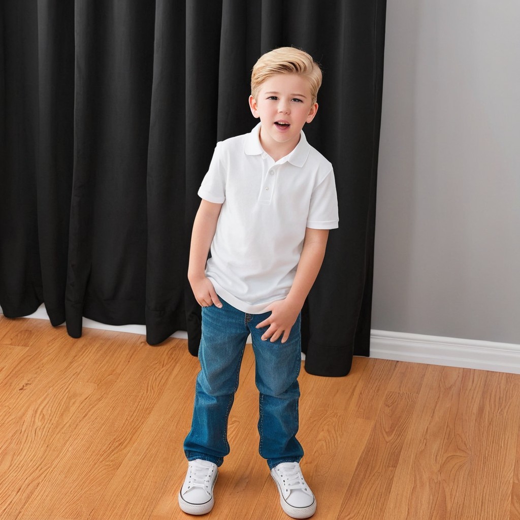 Young Boy in Casual Outfit with Dark Curtain Background
