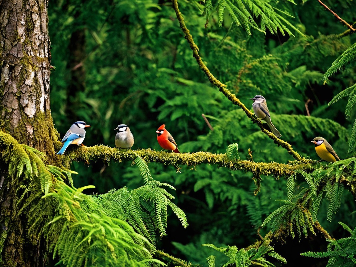 Colorful Birds in a Lush Forest Setting