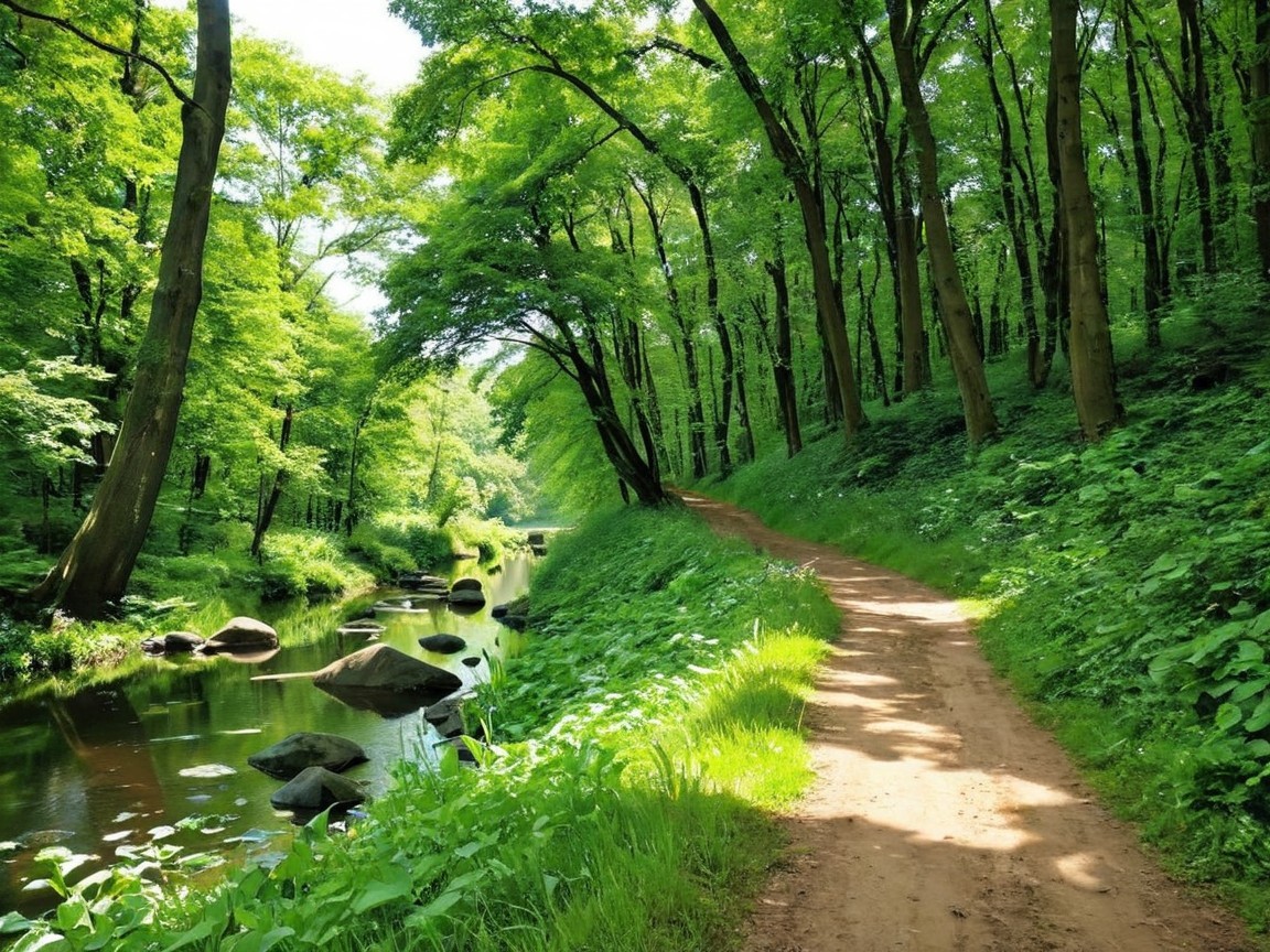 Serene Forest Path Alongside a Flowing River