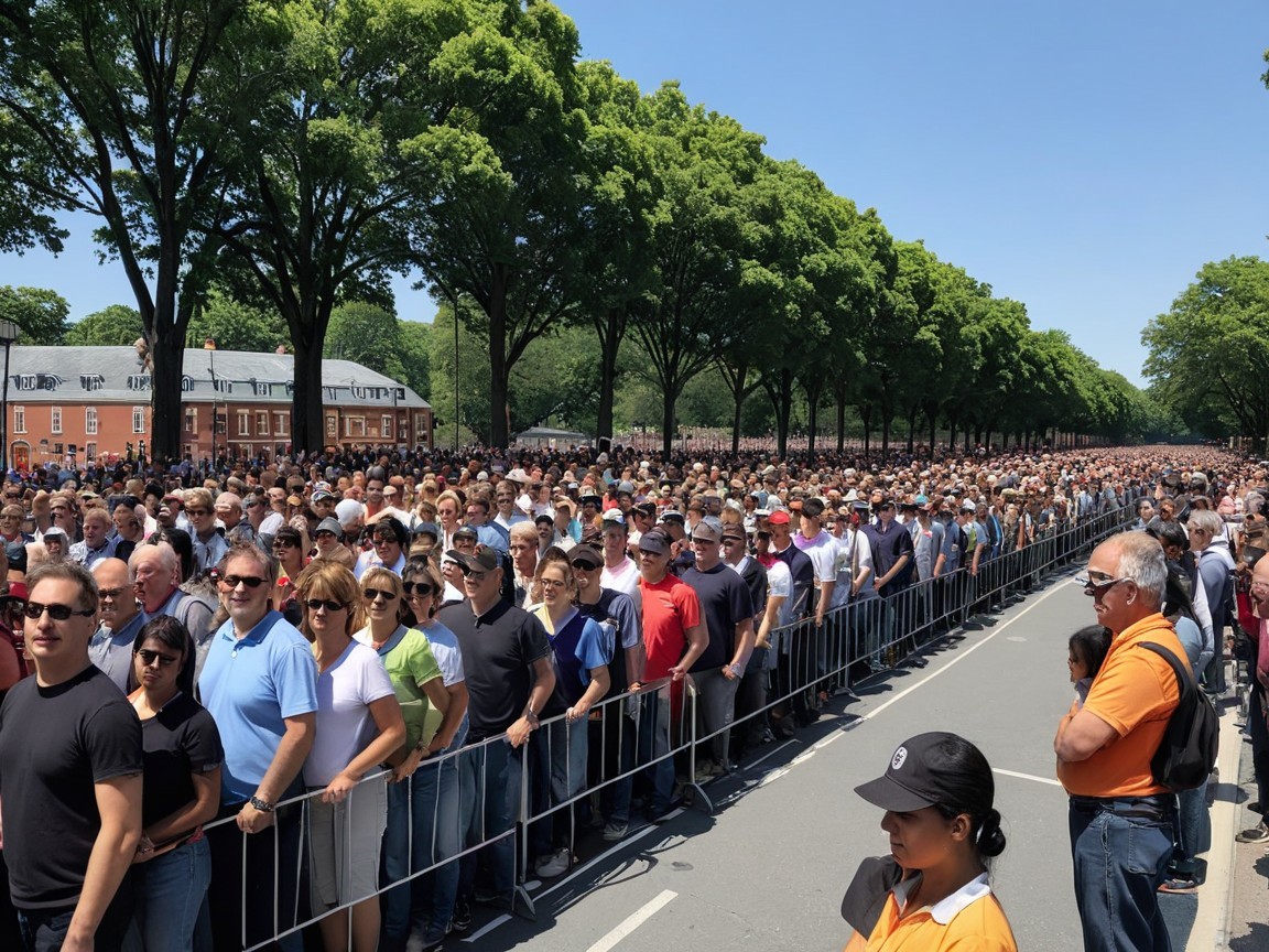 Crowd Gathering on Tree-Lined Avenue Under Blue Sky