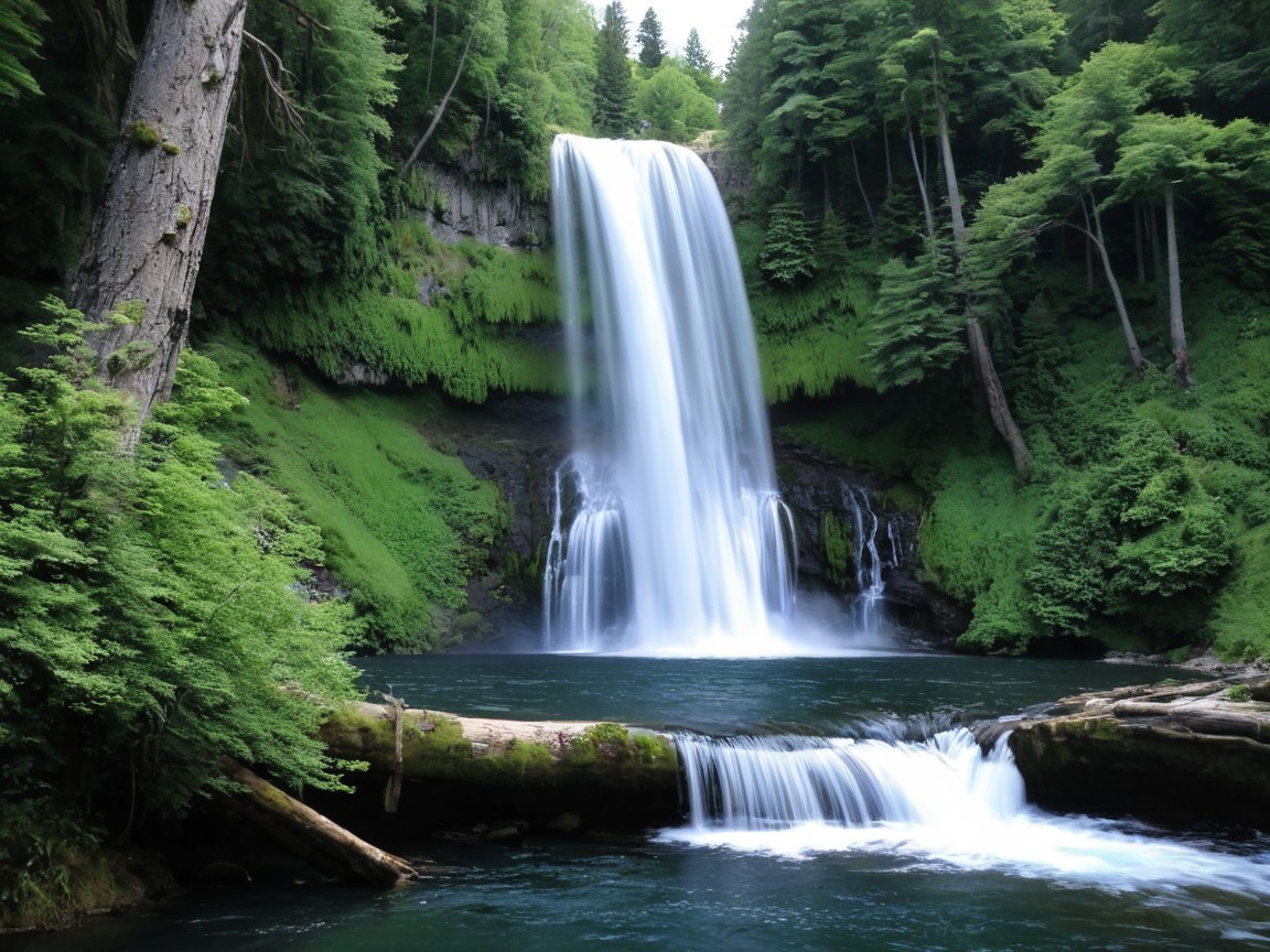Waterfall Cascading into Clear Blue Pool Surrounded by Nature