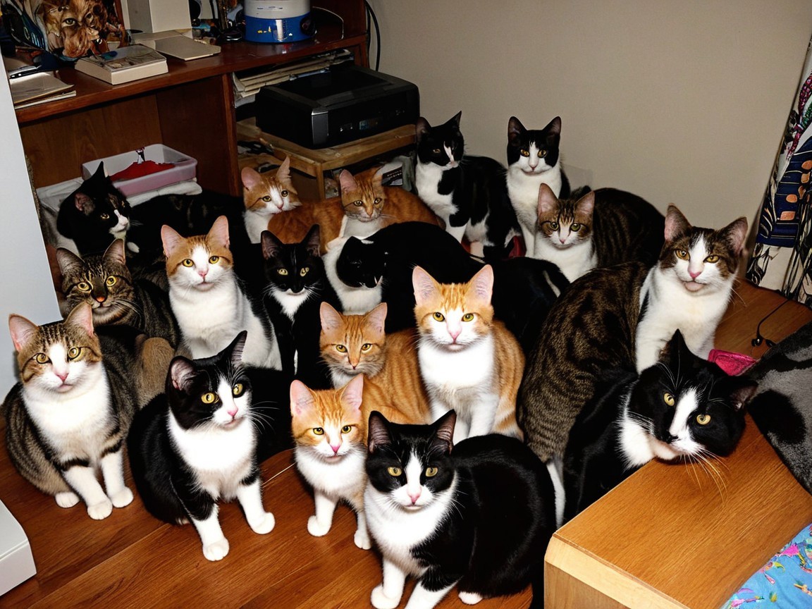 Gathering of Colorful Cats on Wooden Floor