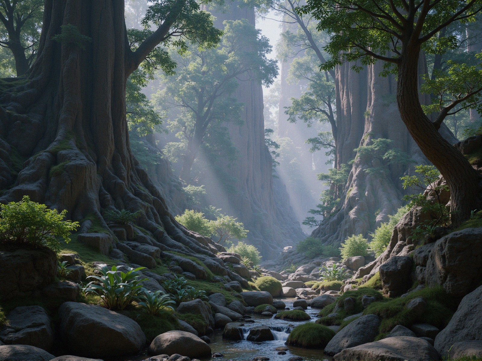 Serene Forest Scene with Mist and Sunlight Beams