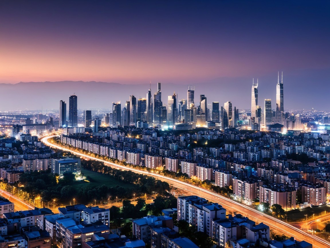 Vibrant Urban Skyline at Twilight with Mountains