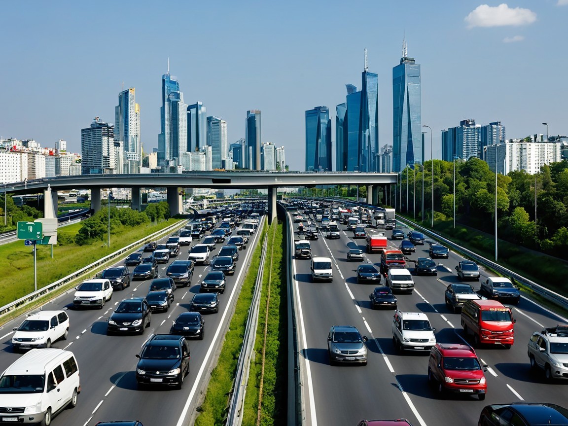 Bustling highway with vehicles and modern skyscrapers