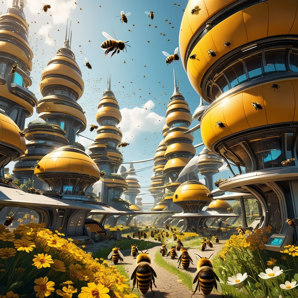 Futuristic cityscape with yellow hive-like structures
