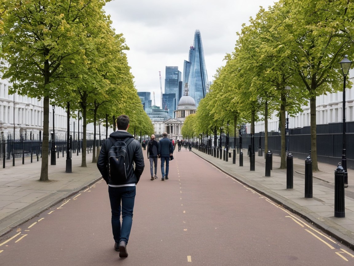 Urban Pathway with Skyscrapers and Greenery