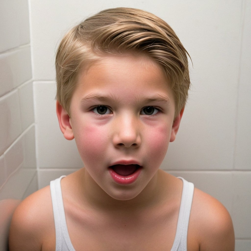 Young boy with surprised expression by tiled wall