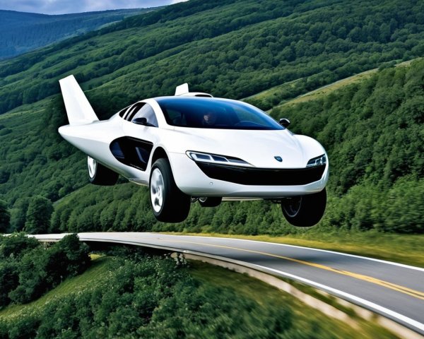 Futuristic Flying Car Over Winding Road and Hills