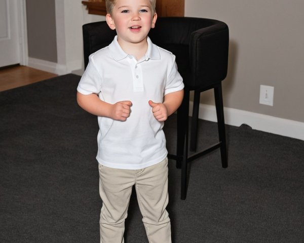 Cheerful Boy in Polo Shirt and Beige Pants Indoors