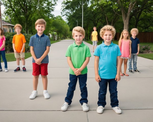 Children Posing on Paved Pathway in Neighborhood Park
