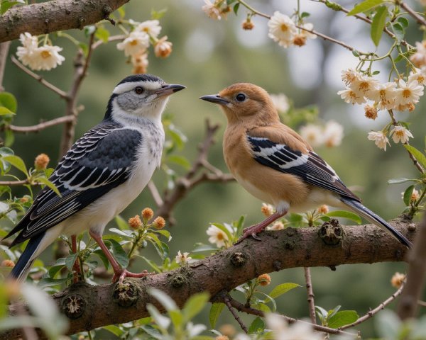 Birds on Branch Surrounded by White Flowers and Foliage