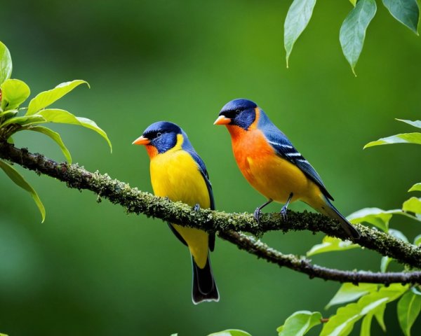 Vibrant Birds on Moss-Covered Branch in Forest Setting