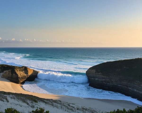 Serene Coastal Scene with Waves and Sunset Colors