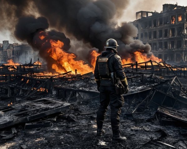 Firefighter in Aftermath of Catastrophic Blaze