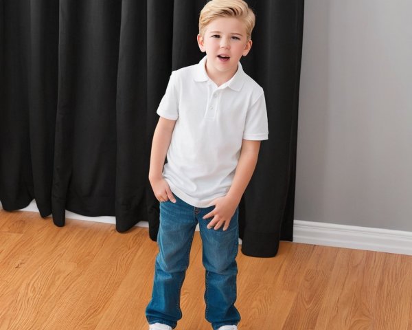 Young Boy in Casual Outfit with Dark Curtain Background