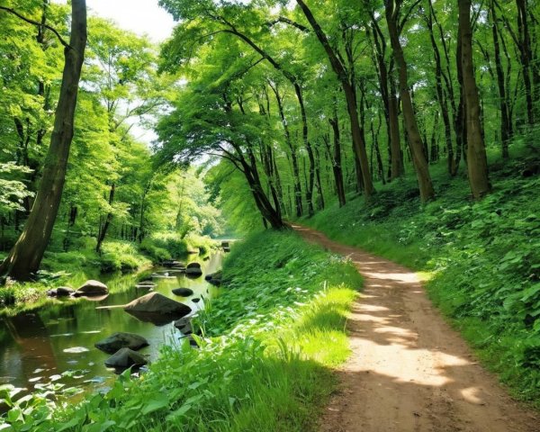 Serene Forest Path Alongside a Flowing River