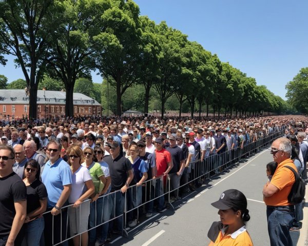 Crowd Gathering on Tree-Lined Avenue Under Blue Sky