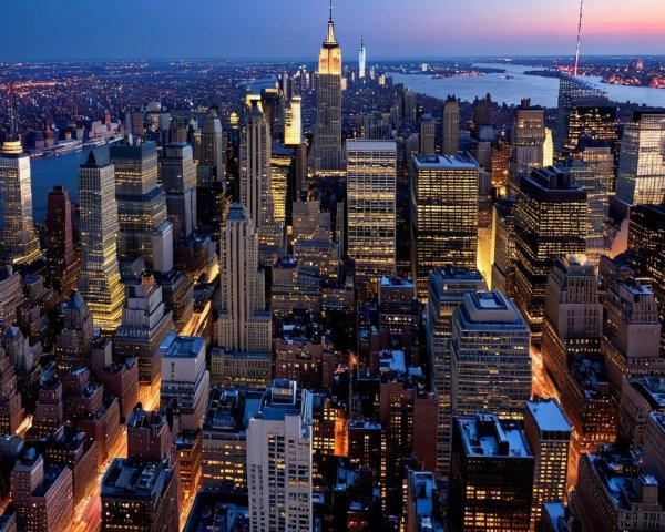 Aerial View of City Skyline at Twilight with Lights