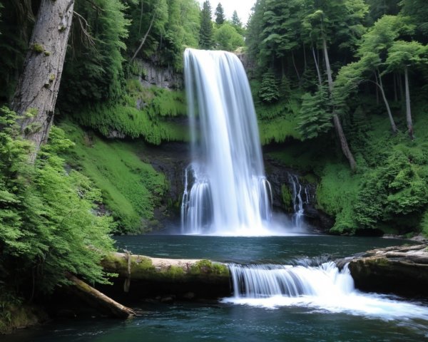 Waterfall Cascading into Clear Blue Pool Surrounded by Nature