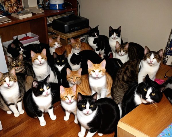 Gathering of Colorful Cats on Wooden Floor