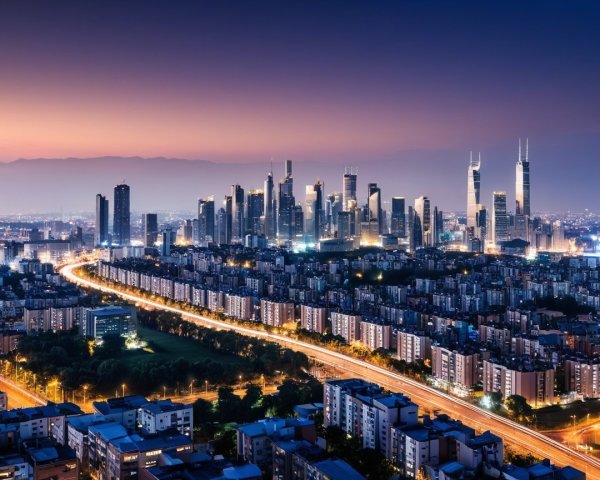 Vibrant Urban Skyline at Twilight with Mountains
