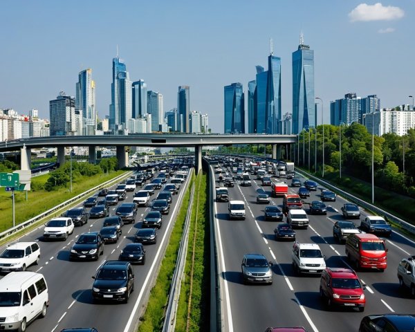 Bustling highway with vehicles and modern skyscrapers