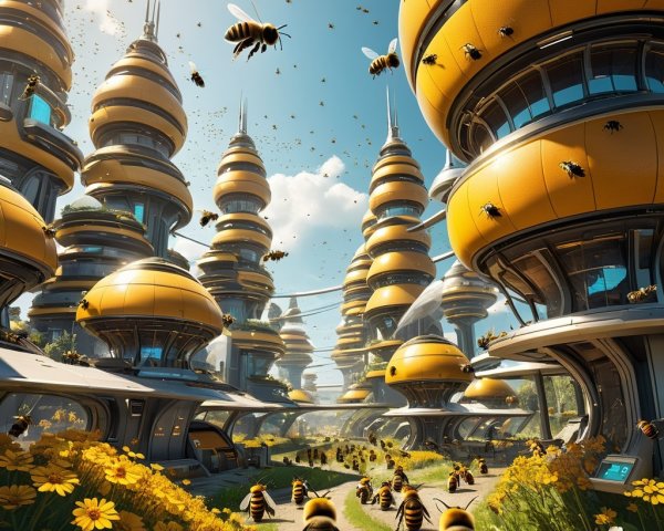 Futuristic cityscape with yellow hive-like structures