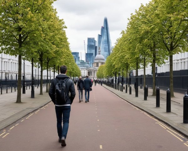 Urban Pathway with Skyscrapers and Greenery