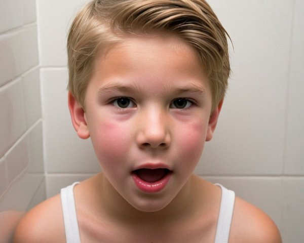 Young boy with surprised expression by tiled wall