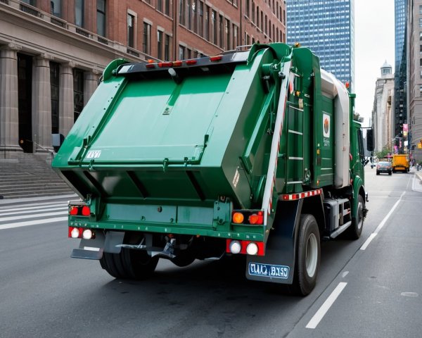 Green Garbage Truck in Urban Street Setting