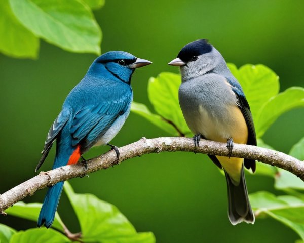 Vibrant Birds Perched on Branch with Green Leaves