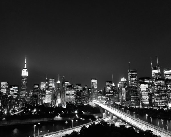 Black and White Night Cityscape with Skyscrapers