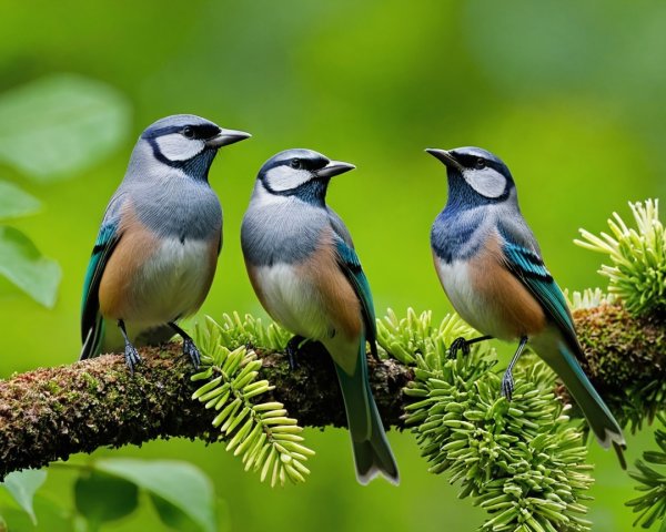 Vibrant Birds on Moss-Covered Branch in Green Foliage