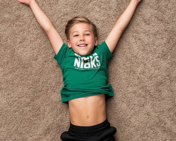 Cheerful boy on beige carpet in vibrant green t-shirt