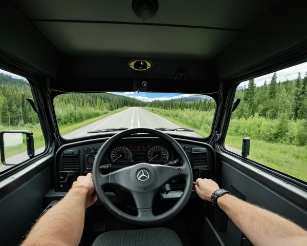 Driver's View Inside a Mercedes with Scenic Landscape
