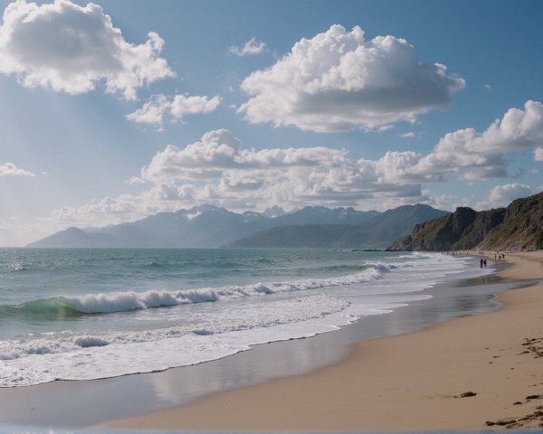 Serene beach landscape with gentle waves and cliffs