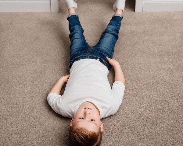 Young boy in white shirt and blue jeans on carpet