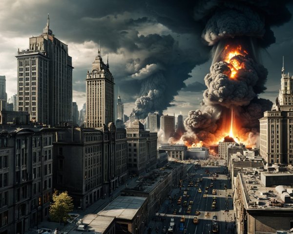 Dramatic Urban Landscape with Explosion and Smoke