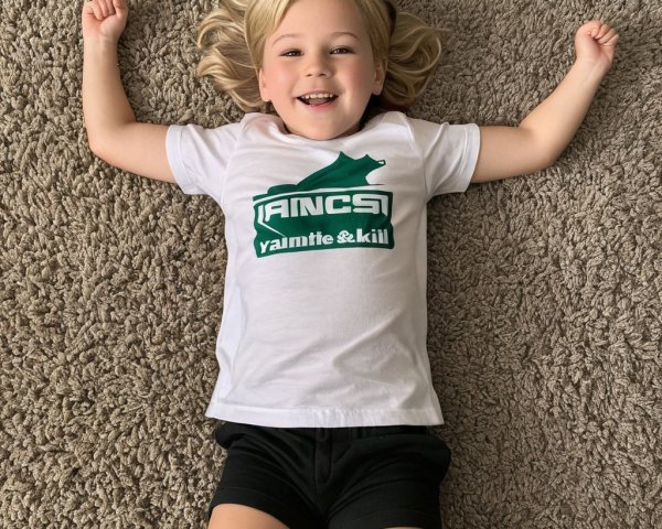 Child on beige carpet in playful attire and smile