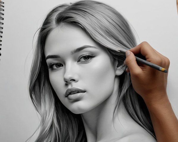 Monochrome Pencil Drawing of a Young Woman's Face
