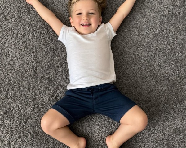 Cheerful boy on gray carpet with playful expression