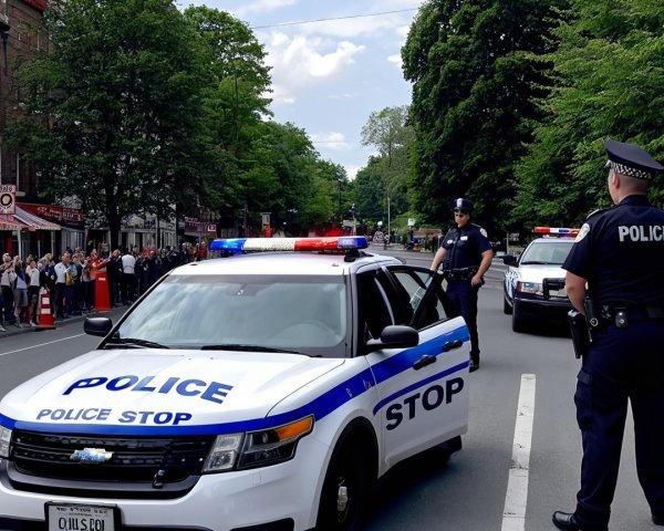 Police Vehicle with Flashing Lights and Officers Present