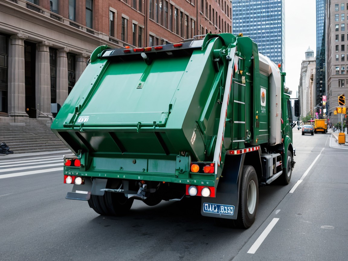Green Garbage Truck in Urban Street Setting