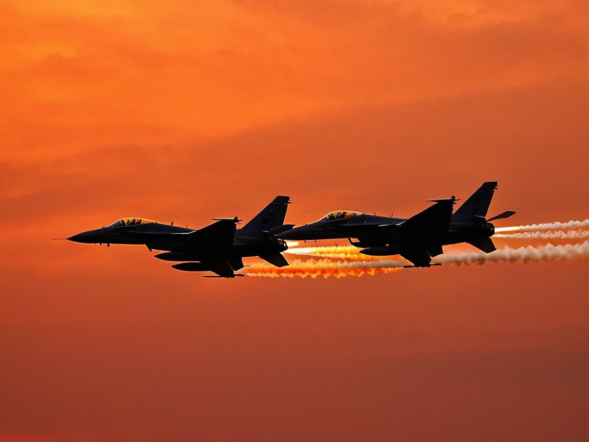 Fighter Jets in Formation Against Vibrant Sunset Sky