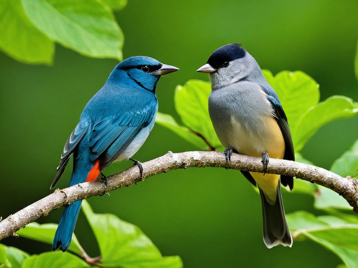 Vibrant Birds Perched on Branch with Green Leaves